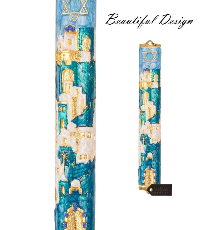 Matashi Hand Painted 5.5" Enamel Jerusalem Cityscape Mezuzah W/ Crystals 7 Matashi Hand Painted 5.5" Enamel Jerusalem Cityscape Mezuzah W/ Crystals - Image 5