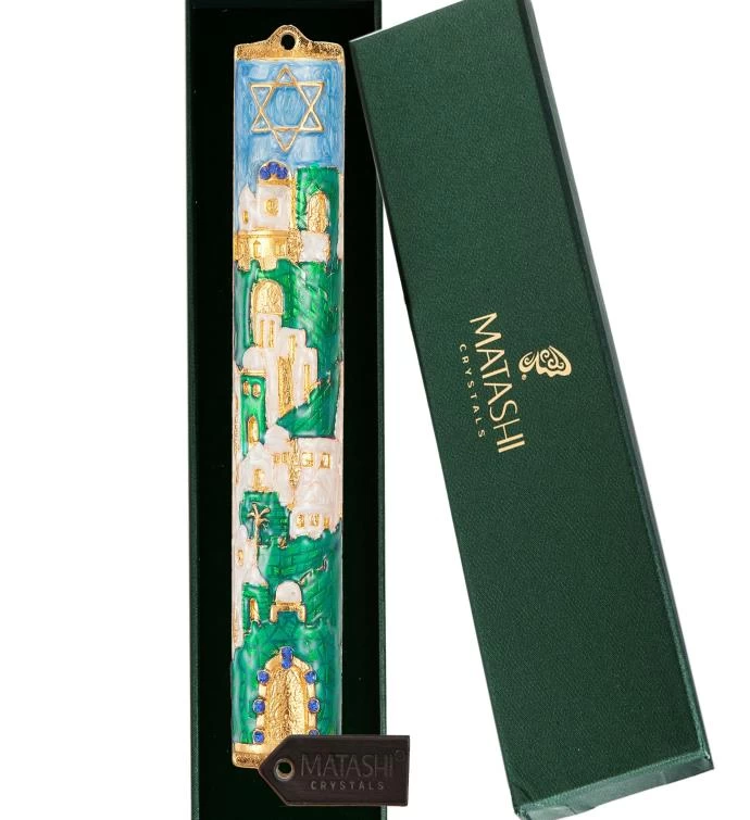 Matashi Hand Painted 5.5" Enamel Jerusalem Cityscape Mezuzah W/ Crystals 5 Matashi Hand Painted 5.5" Enamel Jerusalem Cityscape Mezuzah W/ Crystals - Image 3