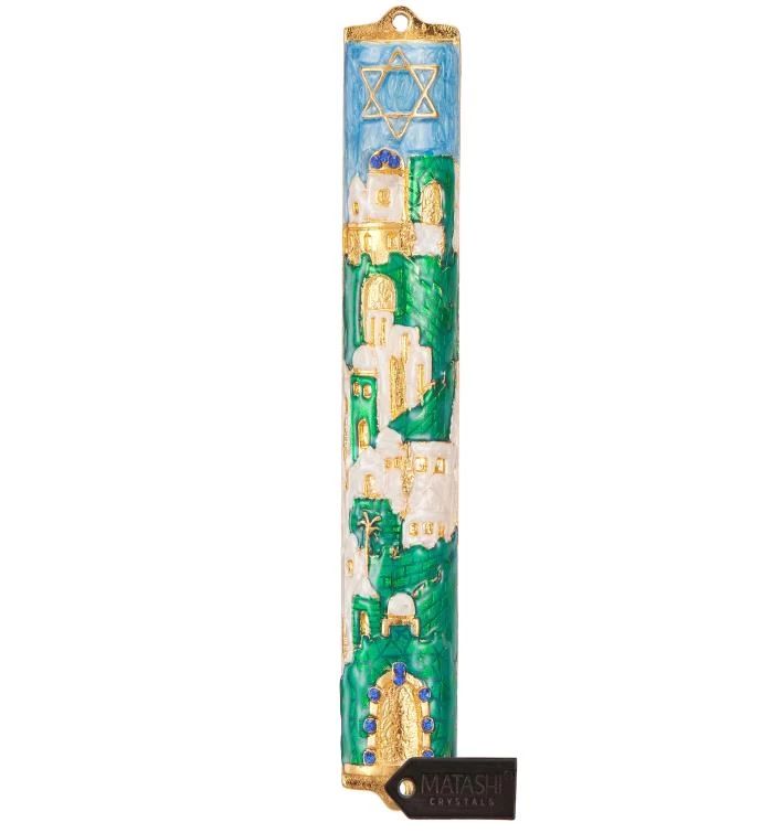 Matashi Hand Painted 5.5" Enamel Jerusalem Cityscape Mezuzah W/ Crystals 4 Matashi Hand Painted 5.5" Enamel Jerusalem Cityscape Mezuzah W/ Crystals - Image 2