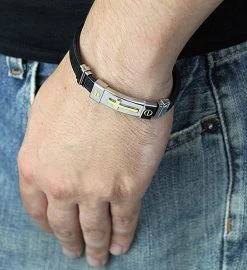 Men's Stainless Steel Gold Cross Id Plate Rubber Bracelet -Gift Promotion Store mk011428alt view2c