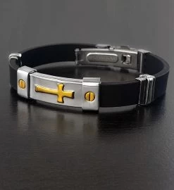 Men's Stainless Steel Gold Cross Id Plate Rubber Bracelet -Gift Promotion Store mk011428alt view3c
