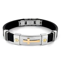 Men's Stainless Steel Gold Cross Id Plate Rubber Bracelet -Gift Promotion Store mk011428alt viewc