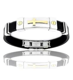 Men's Stainless Steel Gold Cross Id Plate Rubber Bracelet -Gift Promotion Store mk011428x 1