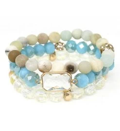 Multi Bead Soap Stone, Crystal And Quartz Triple Stretch Bracelet Set -Gift Promotion Store mk012371x 2