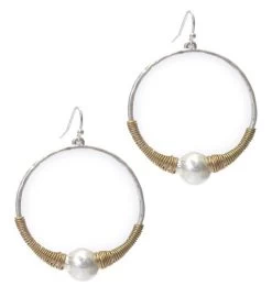 Gold And Silver Wire Wrap Hoop Earring With Pearl -Gift Promotion Store mk012389x 1