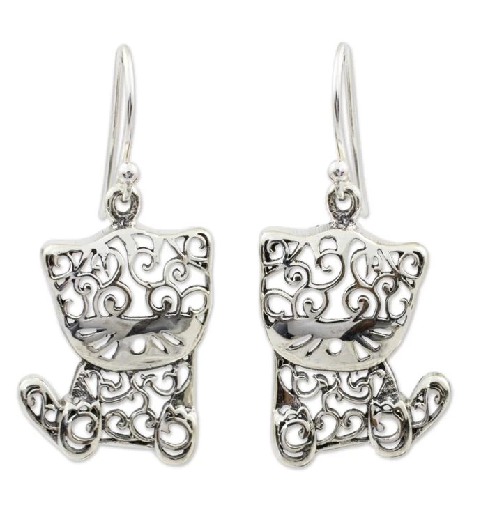 Novica Filigree Kitten Sterling Silver Dangle Earrings