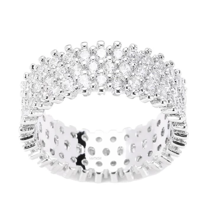 Rhodium Plated Wide 3 Row Eternity Ring Band W/ Cz Stones By Matashi 7 Rhodium Plated Wide 3 Row Eternity Ring Band W/ Cz Stones By Matashi - Image 5