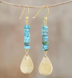 Novica Sea Gold Brass And Reconstituted Turquoise Dangle Earrings -Gift Promotion Store mk016970alt view2c