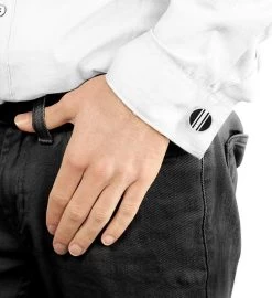 Men's Striped Black And Polished Round Cuff Links -Gift Promotion Store mk017003alt view2c