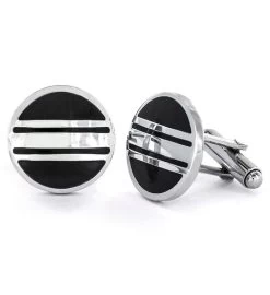 Men's Striped Black And Polished Round Cuff Links -Gift Promotion Store mk017003alt viewc