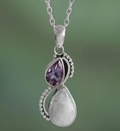 Novica Two Teardrops Amethyst And Rainbow Moonstone Pendant Necklace -Gift Promotion Store mk017008alt view2c