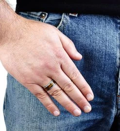 Men's Polished Stainless Steel Wood Inlay Ridged Edge Ring -Gift Promotion Store mk017064alt view2c