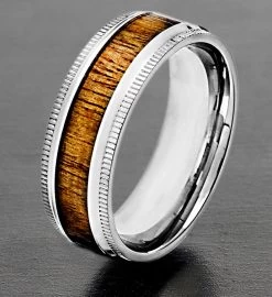 Men's Polished Stainless Steel Wood Inlay Ridged Edge Ring -Gift Promotion Store mk017064alt view3c