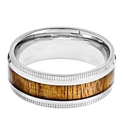 Men's Polished Stainless Steel Wood Inlay Ridged Edge Ring -Gift Promotion Store mk017064alt viewc
