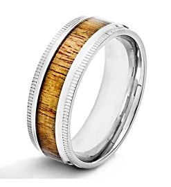 Men's Polished Stainless Steel Wood Inlay Ridged Edge Ring -Gift Promotion Store mk017064x 1