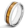 Men's Polished Stainless Steel Wood Inlay Ridged Edge Ring -Gift Promotion Store mk017064x