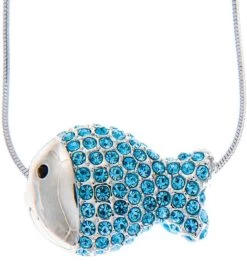 Rhodium Plated Necklace W/ Fish W/ 16" Chain & Crystal By Matashi