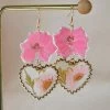 Pressed Pink Larkspur And Daisy Heart Earring -Gift Promotion Store mk017370x