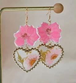 Pressed Pink Larkspur And Daisy Heart Earring -Gift Promotion Store mk017370x 2