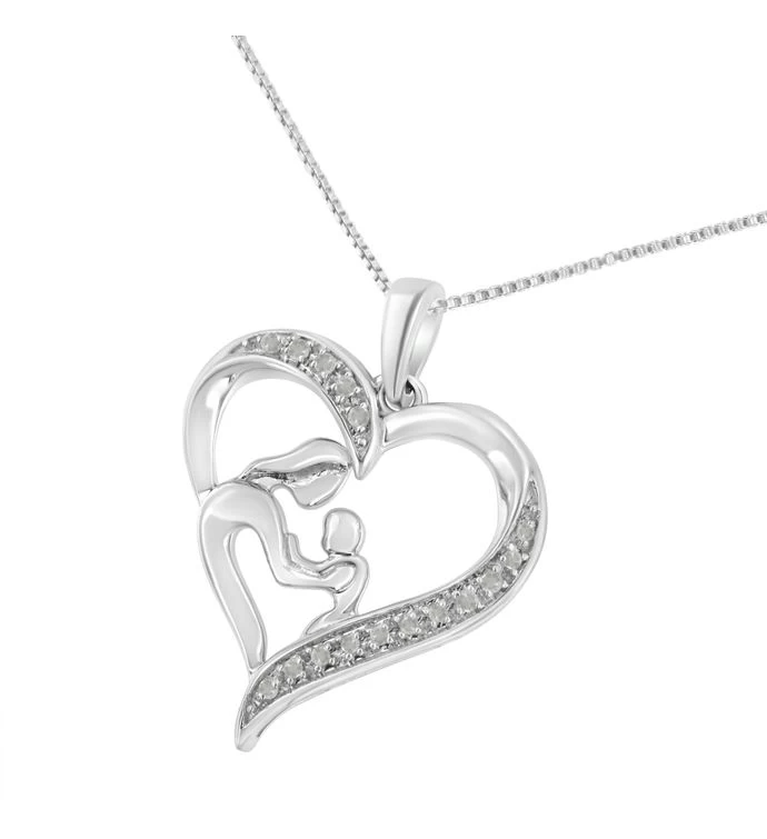 Silver Diamond Heart And Mother 18" Pendant Necklace 6 Silver Diamond Heart And Mother 18" Pendant Necklace - Image 4
