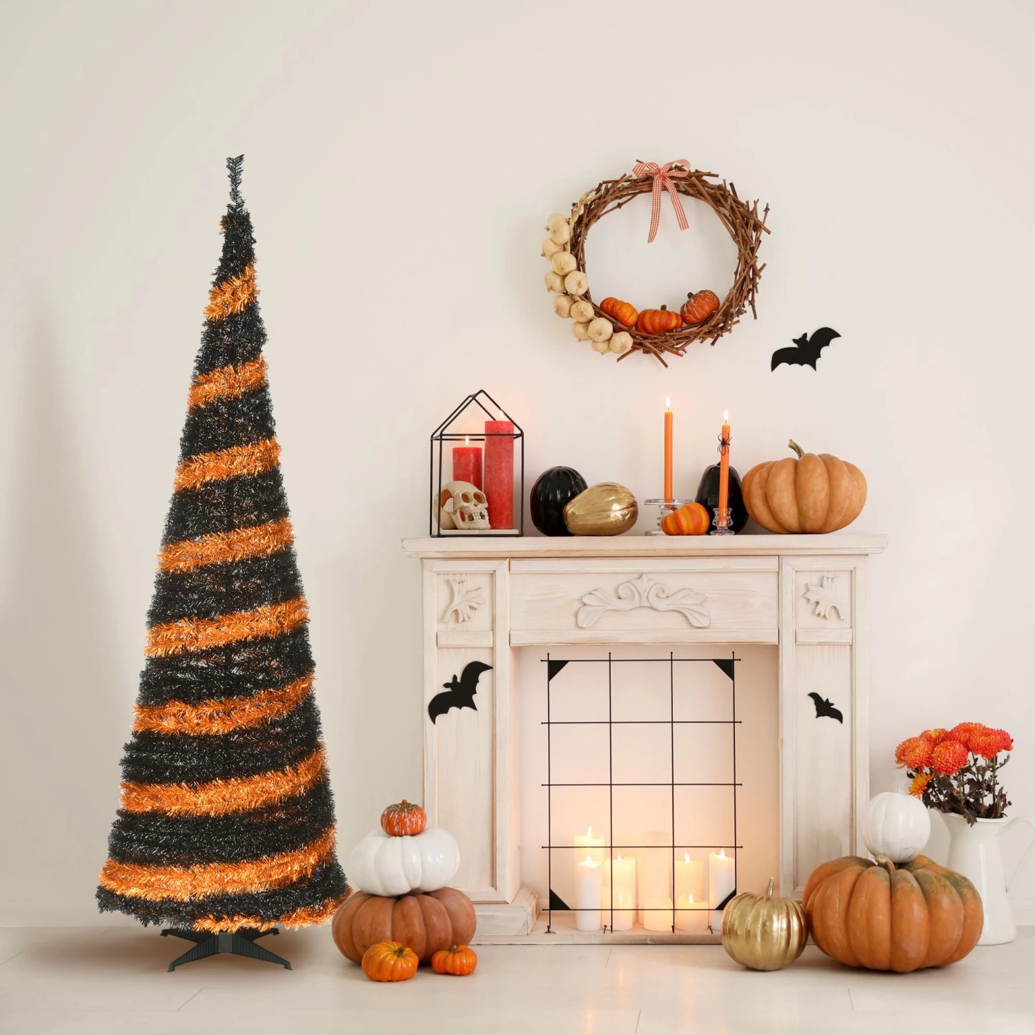 7.5' Black And Orange Halloween Pop-up Tinsel Tree 5 7.5' Black And Orange Halloween Pop-up Tinsel Tree - Image 3