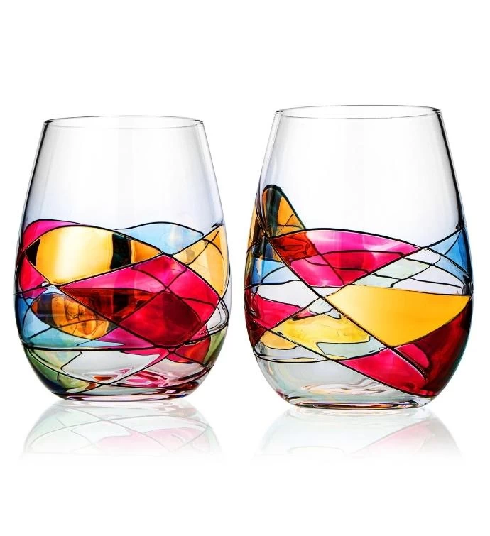 Renaissance Romantic Stain-glass Window Hand Painted Stemless Wine Glasses 5 Renaissance Romantic Stain-glass Window Hand Painted Stemless Wine Glasses - Image 3