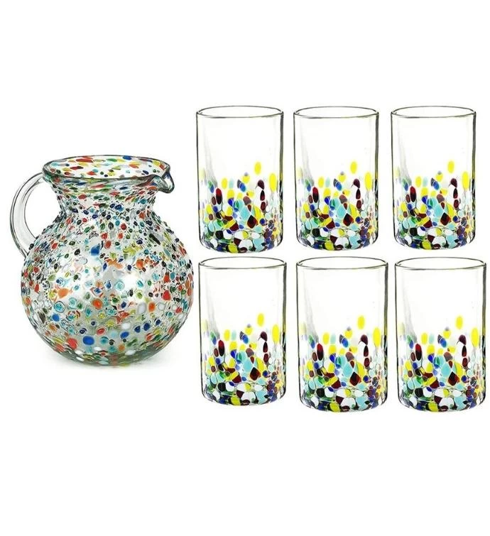 Hand Blown Mexican Drinking Glasses And Pitcher – Set Of 6 3 Hand Blown Mexican Drinking Glasses And Pitcher – Set Of 6