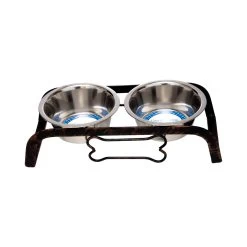 Rustic Elevated Dog Bone Feeder With 2 Stainless Steel Bowls
