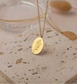 18k Gold Plated Oval Birth Flower Necklace -Gift Promotion Store mk023030alt view3c