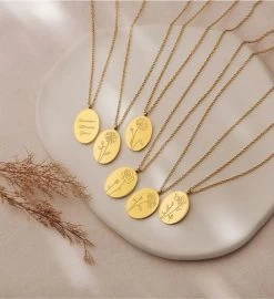 18k Gold Plated Oval Birth Flower Necklace -Gift Promotion Store mk023030alt viewc