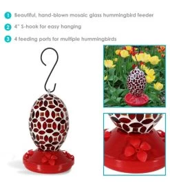 Hanging Hummingbird Feeder Outdoor Red Mosaic Glass Flower Design - 7" -Gift Promotion Store mk023694alt view3c