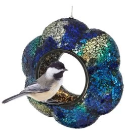 Indigo Glass Flower Hanging Bird Feeder Round Fly Through 9 Inch -Gift Promotion Store mk023696alt view3c