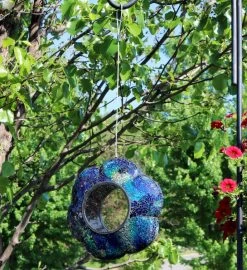 Indigo Glass Flower Hanging Bird Feeder Round Fly Through 9 Inch -Gift Promotion Store mk023696alt viewc