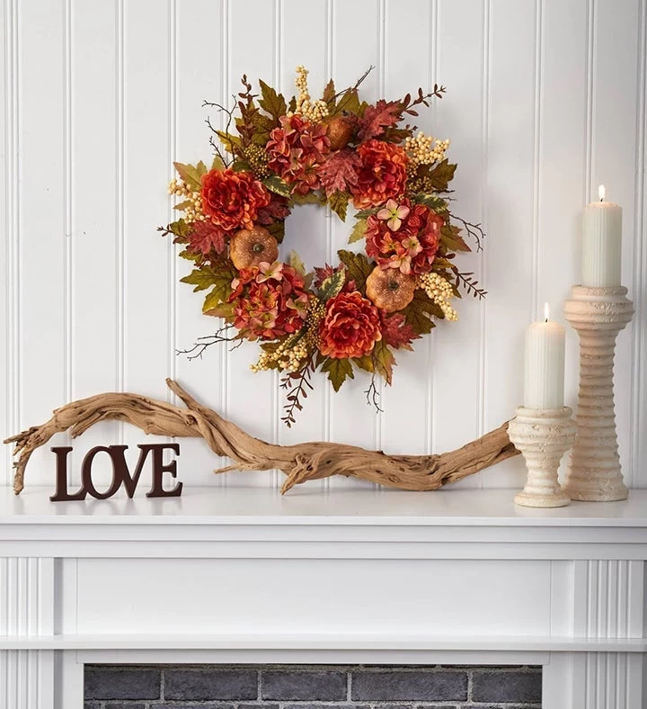Nearly Natural 24” Peony, Hydrangea And Pumpkin Fall Artificial Wreath 6 Nearly Natural 24” Peony, Hydrangea And Pumpkin Fall Artificial Wreath - Image 4