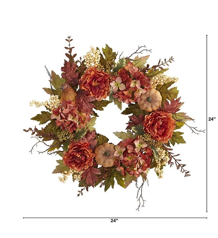 Nearly Natural 24” Peony, Hydrangea And Pumpkin Fall Artificial Wreath 5 Nearly Natural 24” Peony, Hydrangea And Pumpkin Fall Artificial Wreath - Image 3