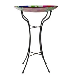 18” Red And Blue Summer Flowers Hand Painted Glass Outdoor Patio Birdbath -Gift Promotion Store mk033485alt viewc