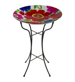 18” Red And Blue Summer Flowers Hand Painted Glass Outdoor Patio Birdbath